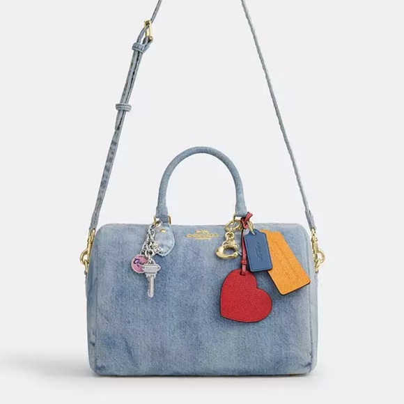 NWT Coach Rowan Large Satchel Bag In Loved Denim With Charms - Picture 5 of 16